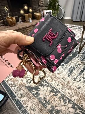 Juicy Couture Black Mini Wallet with Pink Cherry Motif and Gold Charms